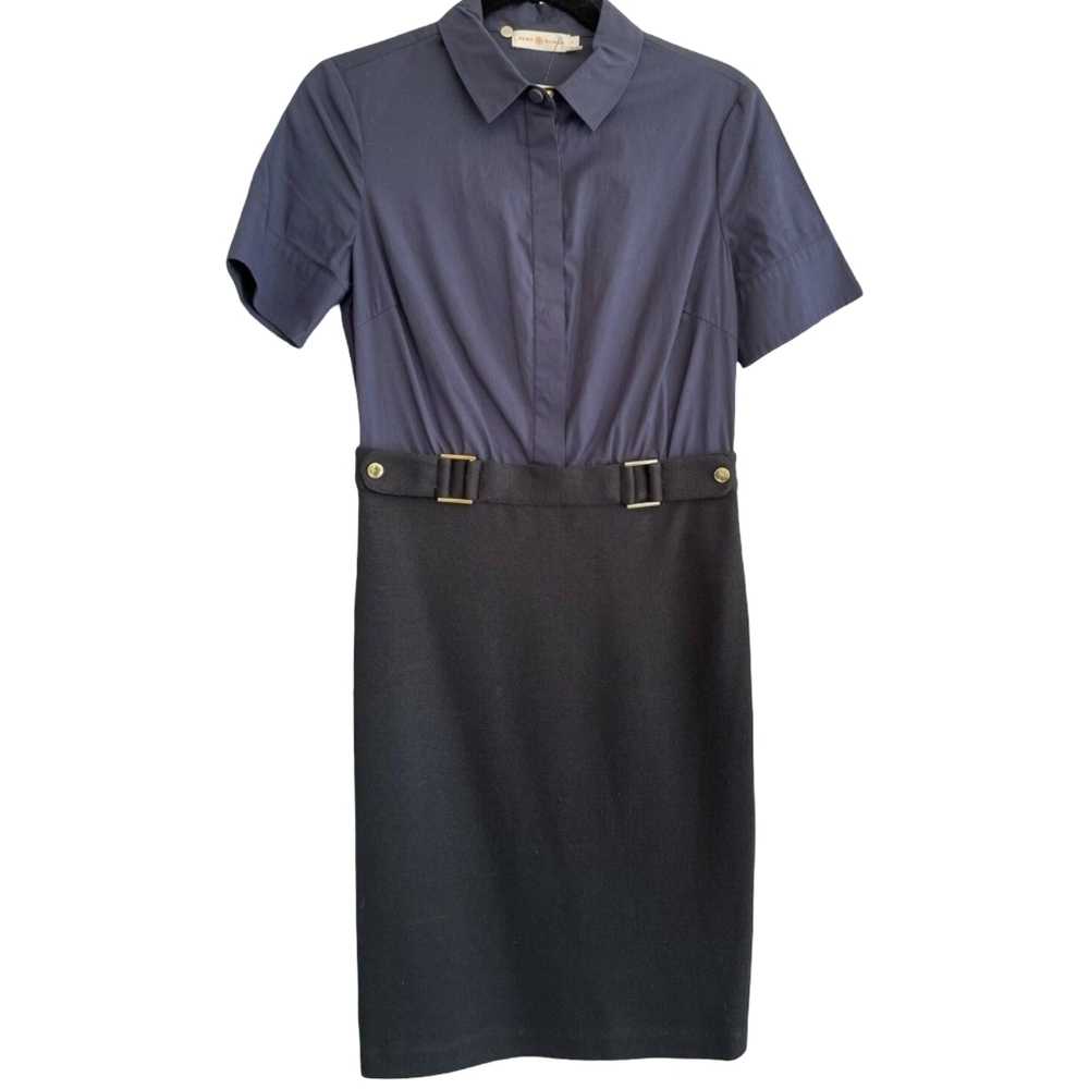 TORY BURCH Navy & Black Cotton & Wool Blend Dress Size Medium